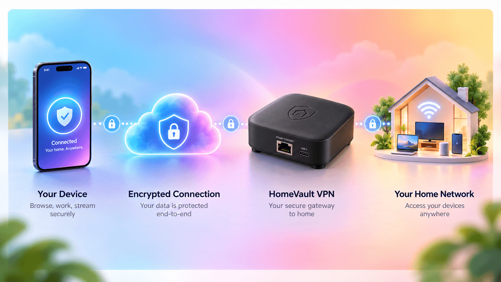 HomeVault VPN connection path showing a device connecting through an encrypted connection to the HomeVault appliance and home network