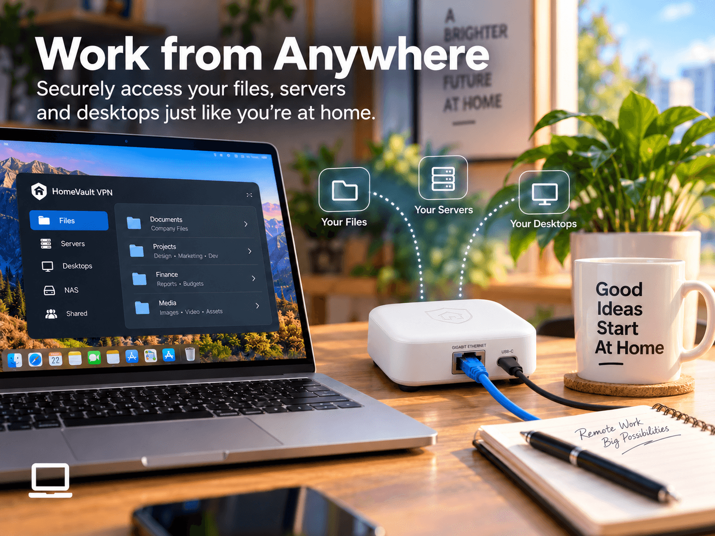 HomeVault VPN connected beside a laptop for remote access to files, servers and desktops