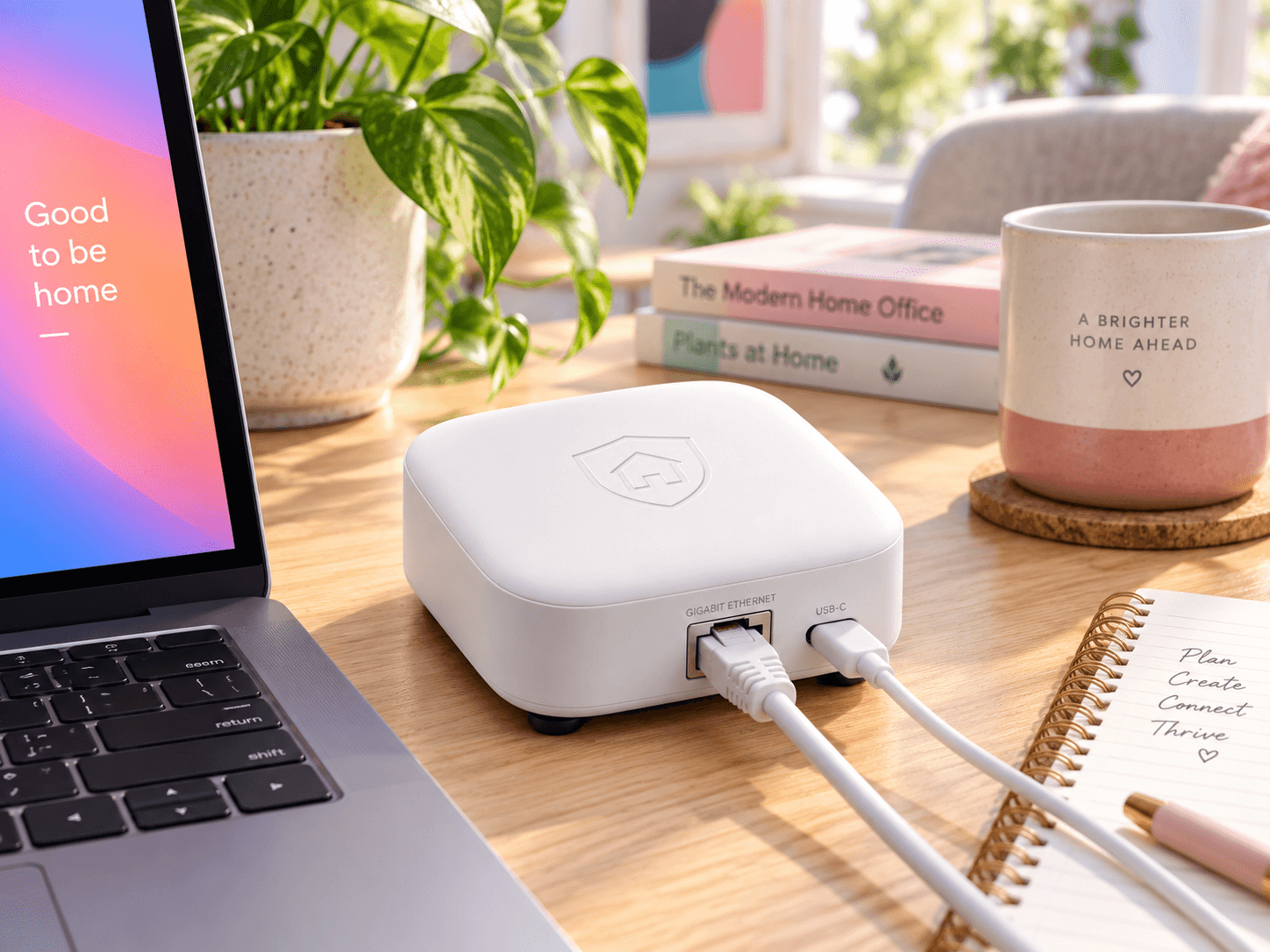 HomeVault VPN connected beside a laptop on a bright home-office desk