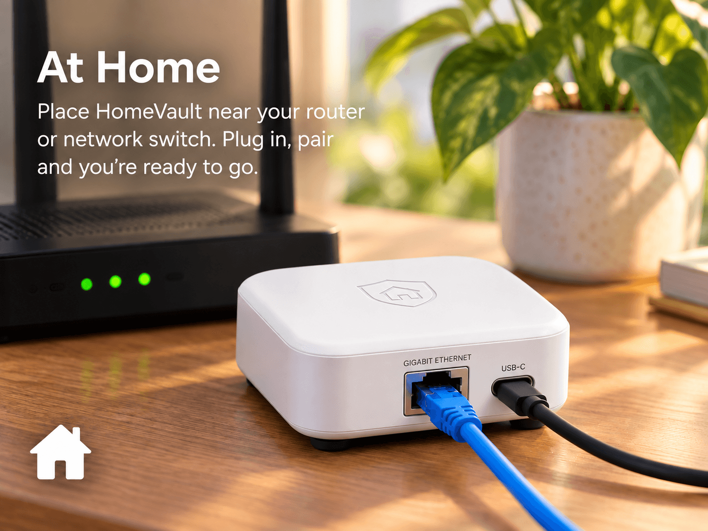 HomeVault connected to a home router with Ethernet and USB-C power