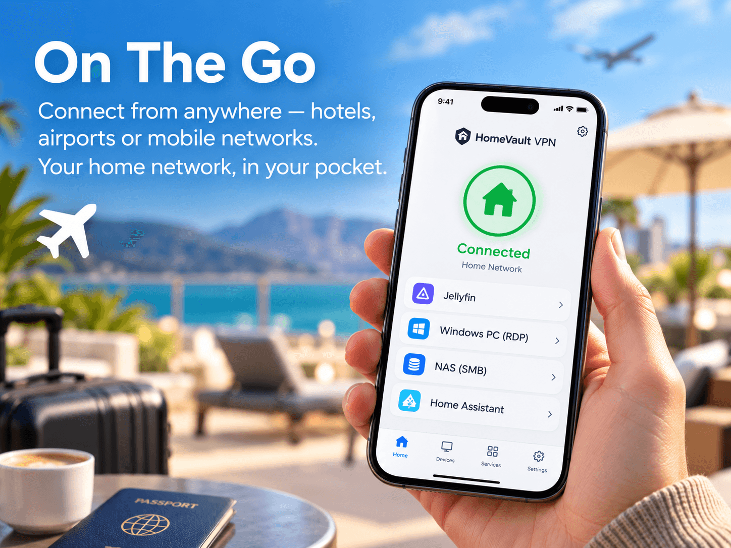 HomeVault VPN app connected from a holiday destination, showing shortcuts to home devices and services