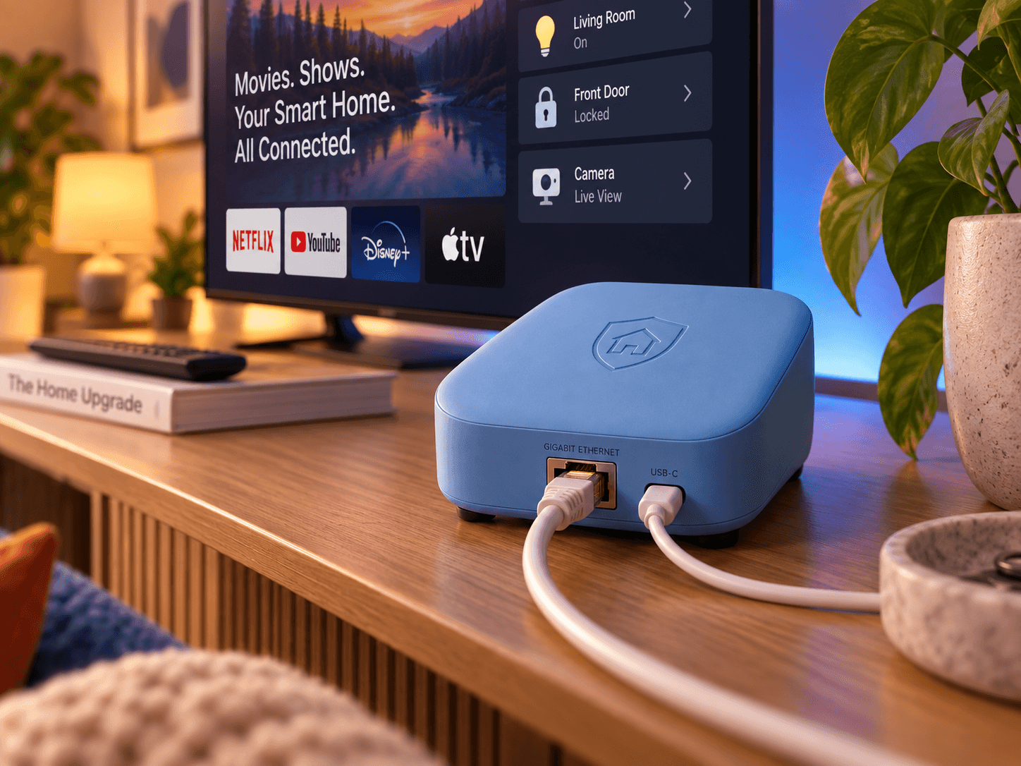 HomeVault VPN in a bright living room with a home media setup